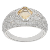 Emerald Yellow Citrine sterling silver ring with Moissanite accents, featuring a sparkling gemstone and elegant design.